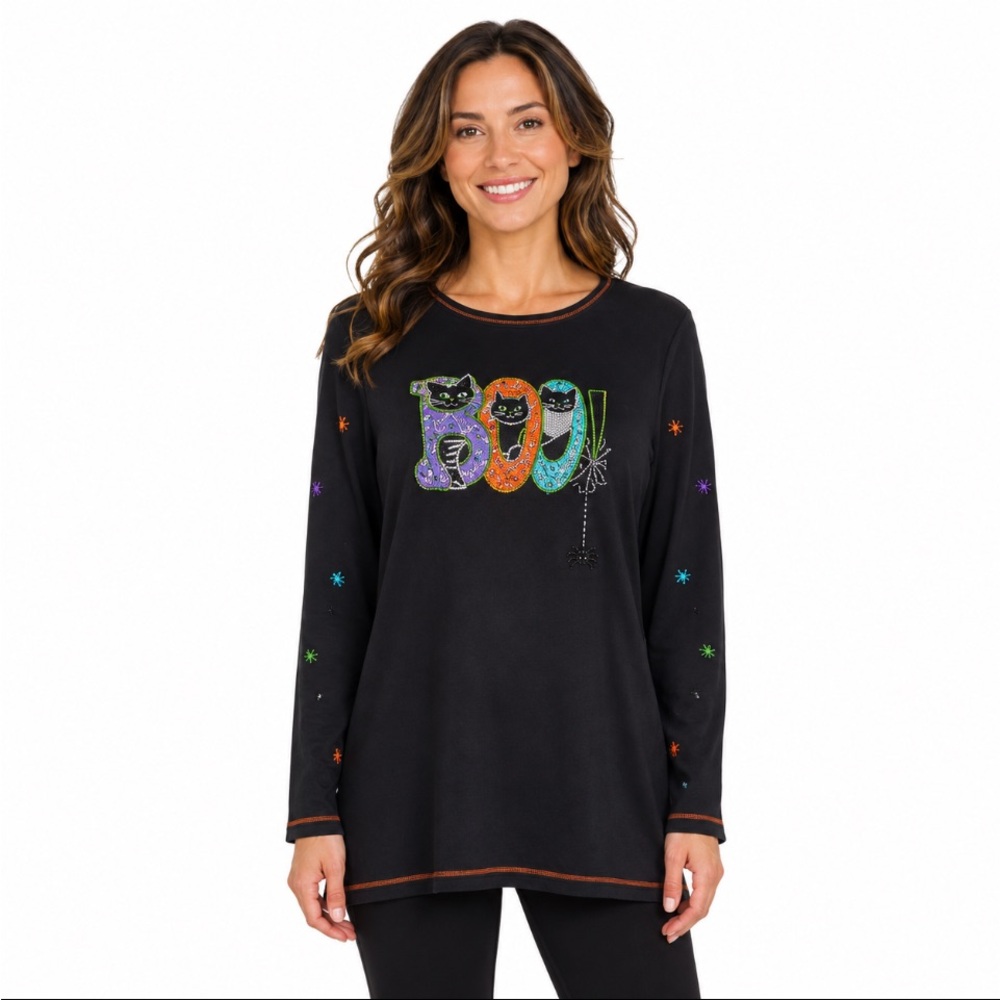 REFERENCE POINT NEW YORK Black Halloween Long-Sleeve “BOO” Top Size: medium